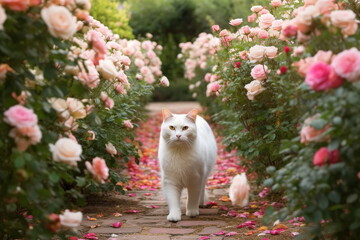 Fototapeta na wymiar White cat walking in traditional english rose garden
