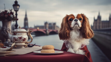 Cavalier king charles spaniel dog wearing english gentleman clothes drinks traditional tea at...
