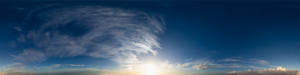 360 VR 2:1 equirectangular sunset blue sky with clouds background overlay. Ideal for 360 VR sky replacement. High quality 300 dpi, adobe rgb color profile