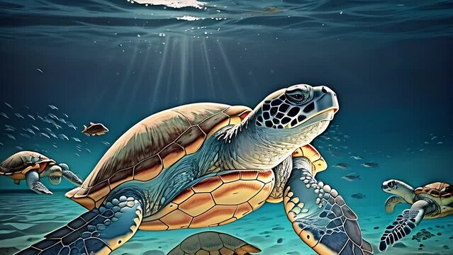 Animals of the underwater world. Sea turtle underwater in ocean snorkeling scene.