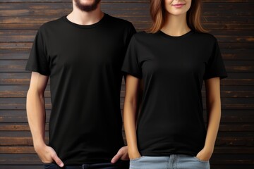 Man And Woman With Blank Black Tshirt Mockup - obrazy, fototapety, plakaty