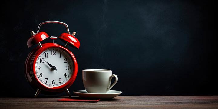 Vintage alarm clock and cup of coffee on the uniform dark backdrop with a copy space. Generative AI