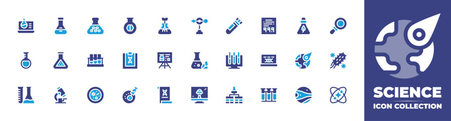 Science icon collection. Duotone color. Vector and transparent illustration. Containing material, test tubes, petri dish, solar system, flask, meteorite, planet, microscope, magnifying glass.