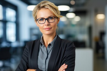 Middleaged Business Woman Ceo Standing In Office, Arms Crossed - obrazy, fototapety, plakaty
