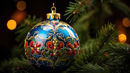 Christmas tree decorative ornaments ball Hanging Fir Branch bokeh background. Merry Xmas decoration. Happy New Year holiday object.