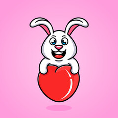 cartoon flying rabbit with heart balloons, fun, funny, cute.