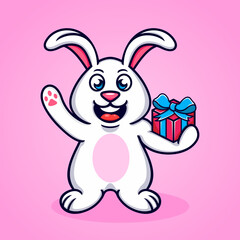 cartoon rabbit with gift box, fun, funny, cute, cool.