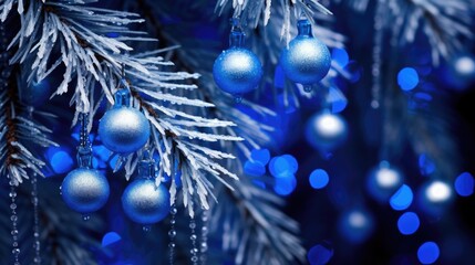 Deep&nbsp;blue&nbsp;color Christmas&nbsp;tree ornaments with bokeh background. Fir tree branches in trendy beautifully decorated with&nbsp;blue balls with lights garland.&nbsp;Merry Xmas and New Year concept.