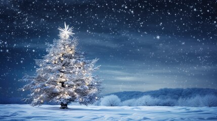 Decorated Christmas tree with garland lights in winter night forest fantasy landscape background. Happy New Year, Marry Xmas, Winter Holidays concept. Festive wallpaper for greeting card, flyer.