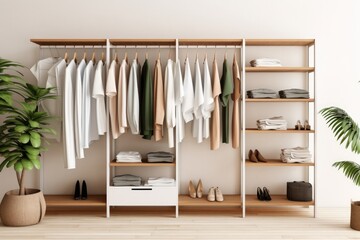 Modern Closet Interior Hosts White Tee Shirt Mockup. Сoncept Fashion Blogger Outfits, Minimalist Wardrobe, Stylish Clothing Display, Clothing Store Showcase