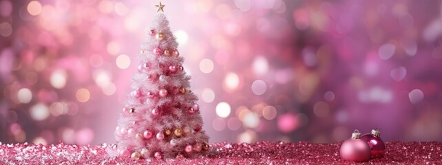 Pinkmas concept. Pink Christmas tree branches decorated with ornaments in pink color. Merry Xmas, Happy New Year 2024 in trendy colors. Vibrant colorful background for cards, invitations, greetings.