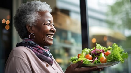 African American Mature woman holding vegan salad with many vegetables. Veganuary, Healthy lifestyle concept. Senior lady Portrait with healthy fresh vegetarian salad.. - obrazy, fototapety, plakaty