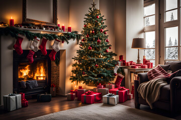 Christmas tree with presents, candles nearby, socks hanging by the fireplace