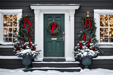 a decorated house for Christmas, a wreath on the door, snow on the doorstep