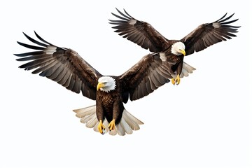 Naklejka premium Generative AI : A close view of two adult eagles sharing a branch in close proximity high up a tree