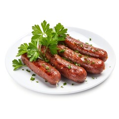 Generative AI : Sliced sausage with parsley leaves and peppercorn isolated on white background