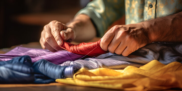a man sewing clothes by hands, "Artisanal Sewing: A Man Handcrafting Clothes"