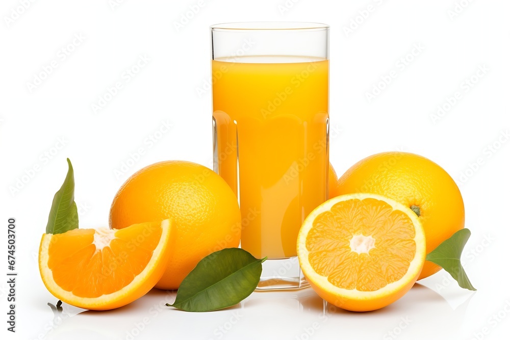 Aufkleber generative ai : glass of orange juice and slices fruits isolate on white background.