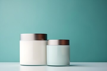 Generative AI : cosmetic cream jars and tubes on turquoise background.