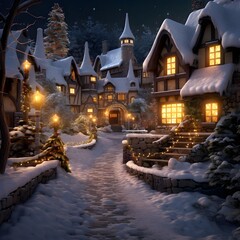 Winter village at night with christmas decorations. 3d rendering.