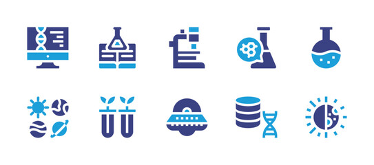 Science icon set. Duotone color. Vector illustration. Containing science, chemistry, dna, biology, solar system, flask, day and night, microscope, ufo.