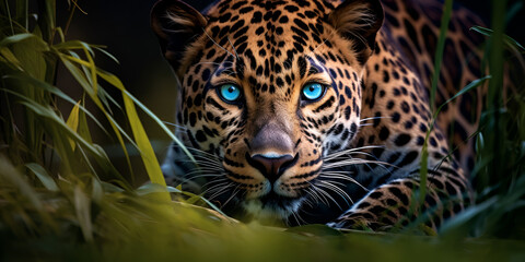 Portrait of a tiger, leopard on a moonlit night, its spotted coat blending seamlessly with the shadows as it readies itself to pounce on unsuspecting prey. Generative AI