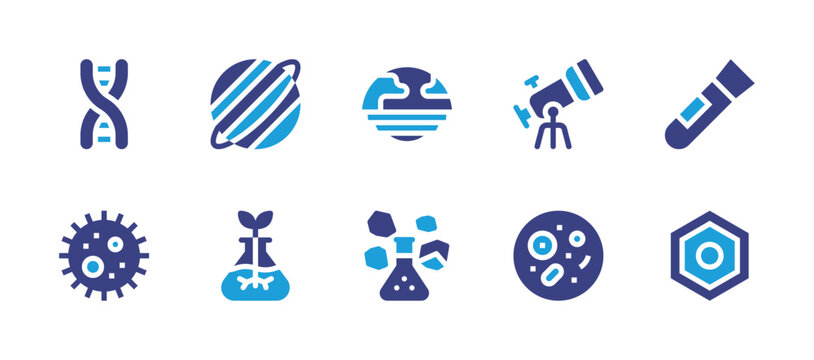 Science icon set. Duotone color. Vector illustration. Containing saturn, flask, telescope, petri dish, test tube, planet, geochemistry, cell, dna, virus.