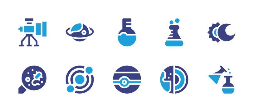 Science icon set. Duotone color. Vector illustration. Containing flask, geology, eclipse, experiments, experimentation, planet, neptune, orbit, telescope, examine.