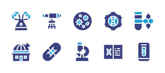 Science icon set. Duotone color. Vector illustration. Containing telescope, gene therapy, petri dish, microscope, space capsule, observatory, genetic engineering, research, test tube, virtual lab.