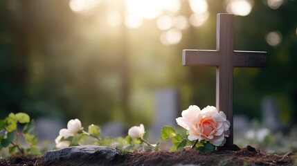 Capture the solemn beauty of a Catholic cemetery with a grave marker and cross engraved on it, set against a softly blurred background to create a sense of peaceful serenity