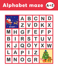 A to Z Maze game for children with cute christmas illustration. Worksheet for kids and children. Alphabetic labyrinth puzzle. Learning alphabet letters. Alphabet mazes for kindergarten and preschool.