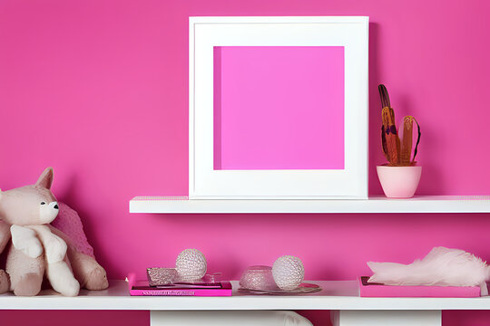 Mock pink poster frame close up on shelf with pink family room decoration