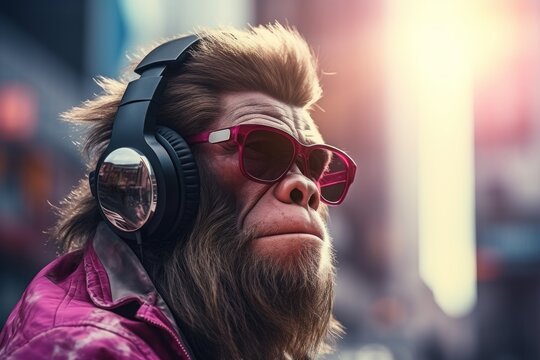 Portraits side view Fashionable monkey Humanized, Sunglasses ,Ear Headphones. Generative AI.