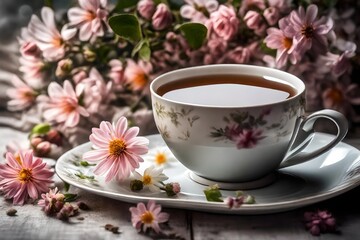 Fototapeta na wymiar cup of tea and flowers