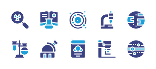 Science icon set. Duotone color. Vector illustration. Containing book, observatory, microscope, toxicity, flasks, astronomy, uranus, neptune.