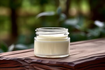 Obraz na płótnie Canvas Generative AI : cosmetic cream with herbal in a glass jar on wood.