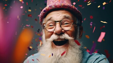 Cheerful Elderly Man With Beard Celebrating with Party Glasses