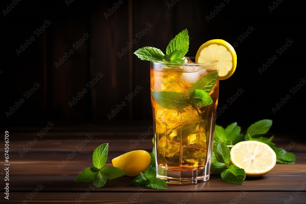 Poster generative ai : iced tea with lemon and mint on a dark wooden background
