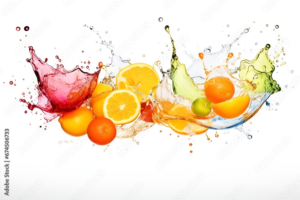 Poster Generative AI : Orange juice splashing isolated on white background