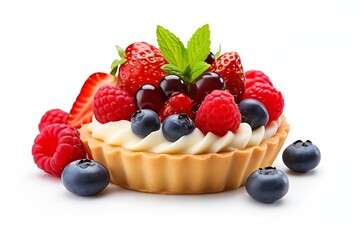 Generative AI : Sweet tartlet with berries isolated on transparent or white background - obrazy, fototapety, plakaty