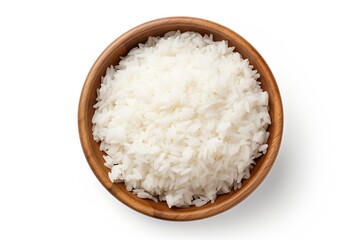 Generative AI : White rice in a wooden bowl isolated on transparent or white background