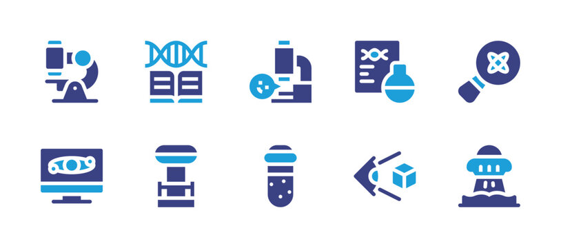 Science icon set. Duotone color. Vector illustration. Containing science, ufo, genetics, tesla coil, document, vision, microscope, pc, test tube.