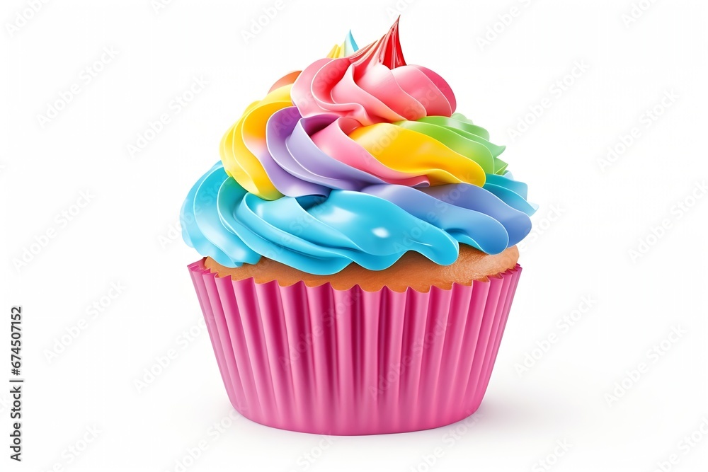 Poster generative ai : rainbow cupcake isolated on transparent or white background.