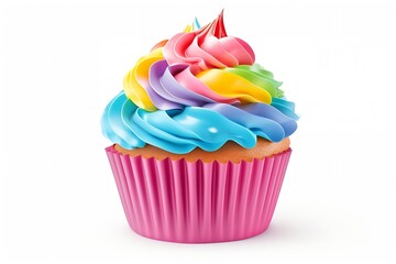 Generative AI : Rainbow cupcake isolated on transparent or white background.