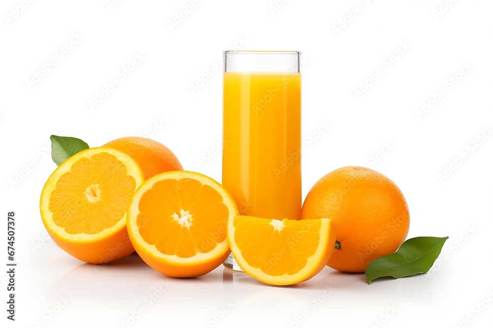 Poster generative ai : glass of orange juice and slices fruits isolate on white background.