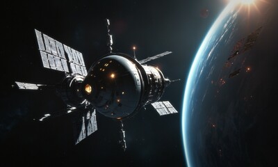 Grafika 10K. Stacja orbitalna w przestrzeni kosmicznej na tle planety i dużej gwiazdy. Statek kosmiczny wchodzi w orbitę Ziemi w Układzie Słonecznym. - obrazy, fototapety, plakaty
