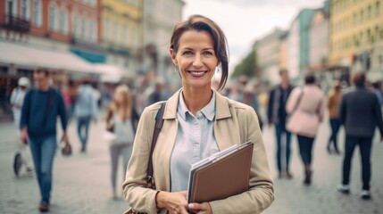 smiley beautiful polish woman 55 years old holding a white folder with documents against the...