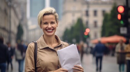 smiley beautiful polish woman 55 years old holding a white folder with documents against the...
