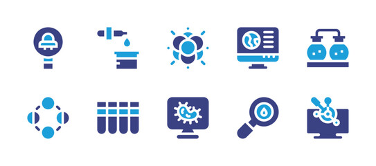 Science icon set. Duotone color. Vector illustration. Containing chemical analysis, test tube, atom, bacteria, pc, research, search, moon phase, chemistry, virtual lab.