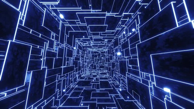 Flying through a glowing blue maze. Infinitely looped animation.